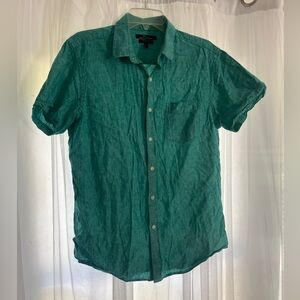 Marc Anthony Teal Green Short-Sleeve Button-Down Shirt linen blend natural slim